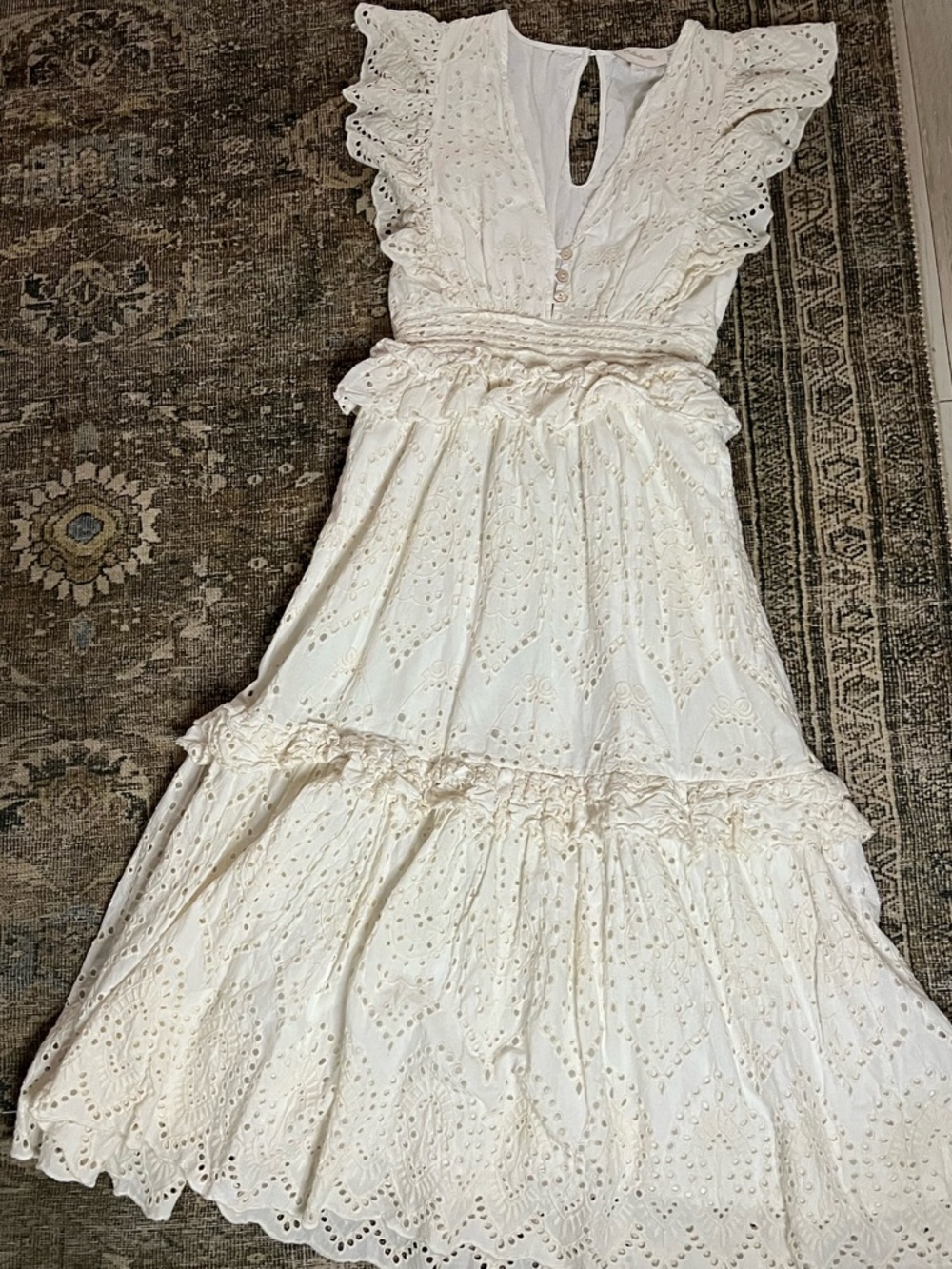 Cleobella White Eyelet Maxi Dress with Ruffle Shoulders